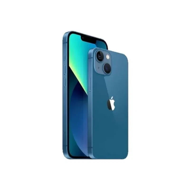 Blue iPhone 13 with 128GB storage in Starlight color, brand new, shown from the front with screen and sleek design.