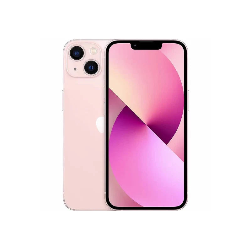 Pink iPhone 13 128GB in Starlight color, brand new, showing front and back views of the Oraxxi smartphone.