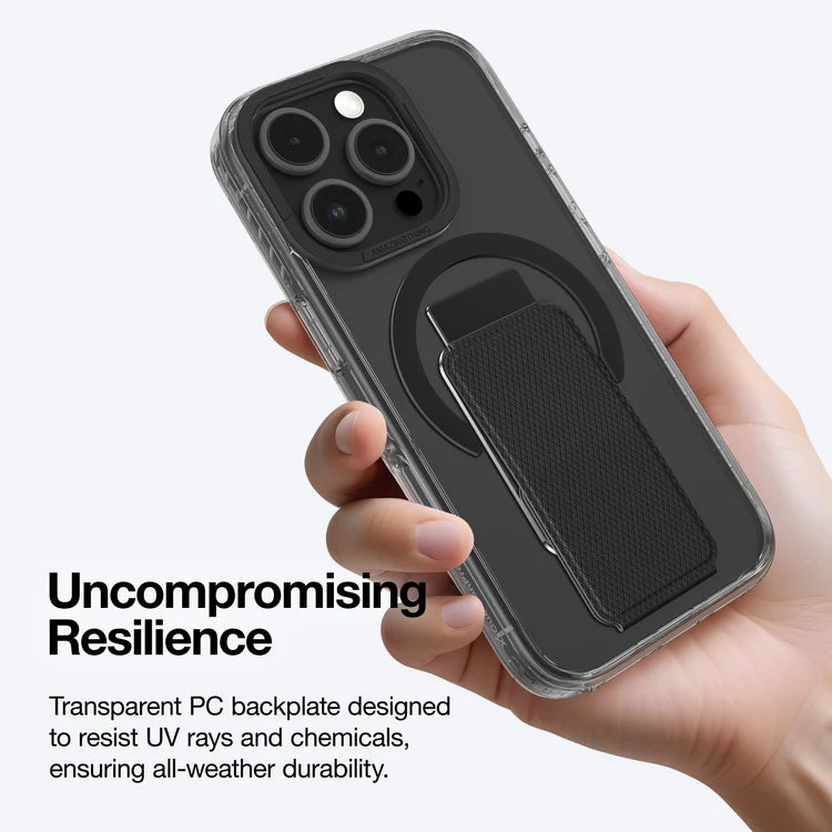 Black AmazingThing Titan Pro+ MagSafe case for iPhone 16 Pro and 16 Pro Max, showing the sleek design and precise cutouts.