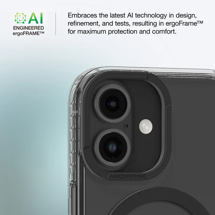 Black AmazingThing Titan Pro+ MagSafe case on iPhone 16 and 16 Plus, showcasing durable protection and magnetic alignment.