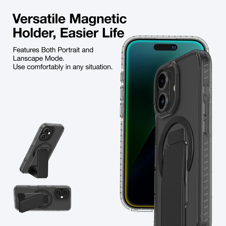 Black AmazingThing Titan Pro+ MagSafe case on an iPhone 16, showing the sleek design and precise fit for iPhone 16 and 16 Plus.