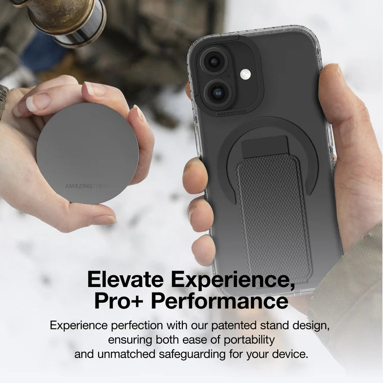 Black AmazingThing Titan Pro+ MagSafe case for iPhone 16 and 16 Plus, featuring durable design and precise cutouts.