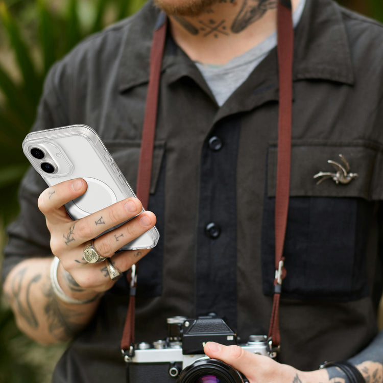 Clear AmazingThing Titan Pro Mag iPhone 16 / 16 Plus case showing slim, protective design with reinforced edges and magnetic backing.