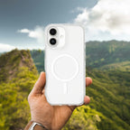 Clear AmazingThing Titan Pro Mag case on an iPhone 16 Plus, showing its slim, protective design with reinforced edges.
