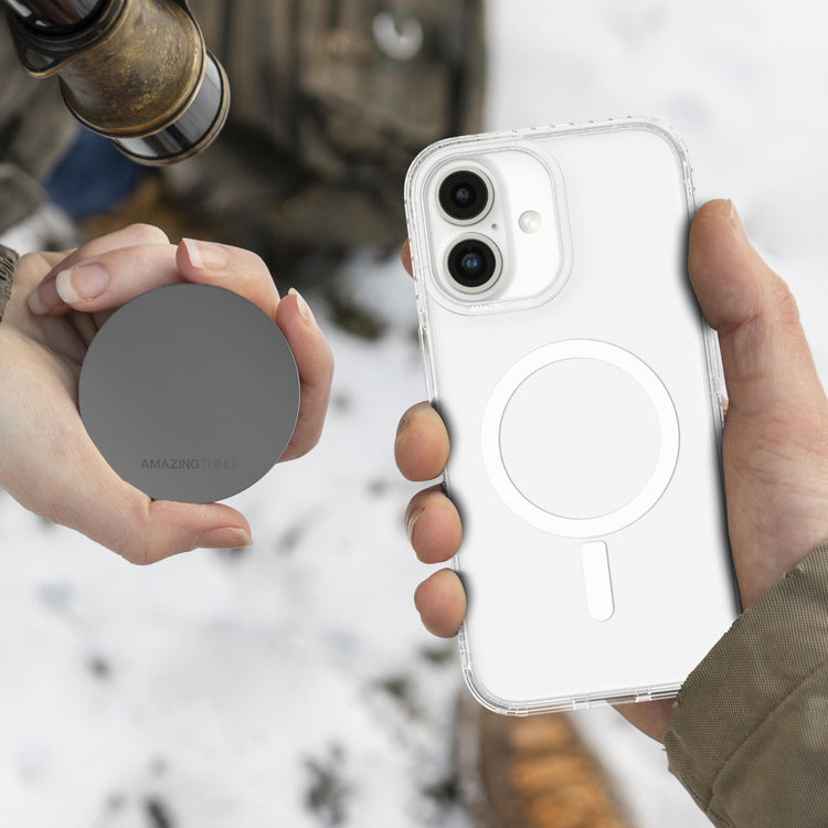 Clear AmazingThing Titan Pro Mag iPhone 16 / 16 Plus case showing slim design and magnetic back for easy attachment.