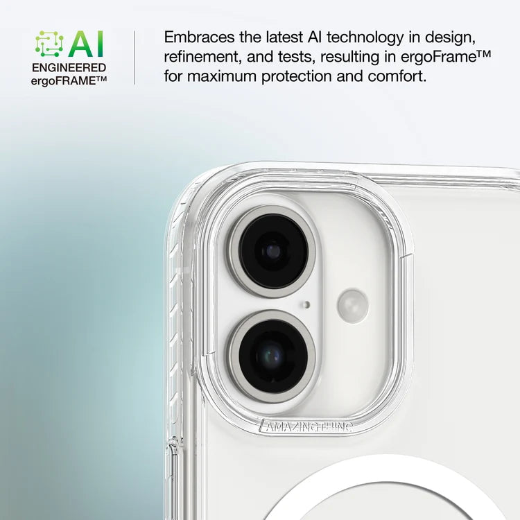 Clear AmazingThing Titan Pro Mag iPhone 16/16 Plus case showing slim, protective design with reinforced edges and magnetic attachment.