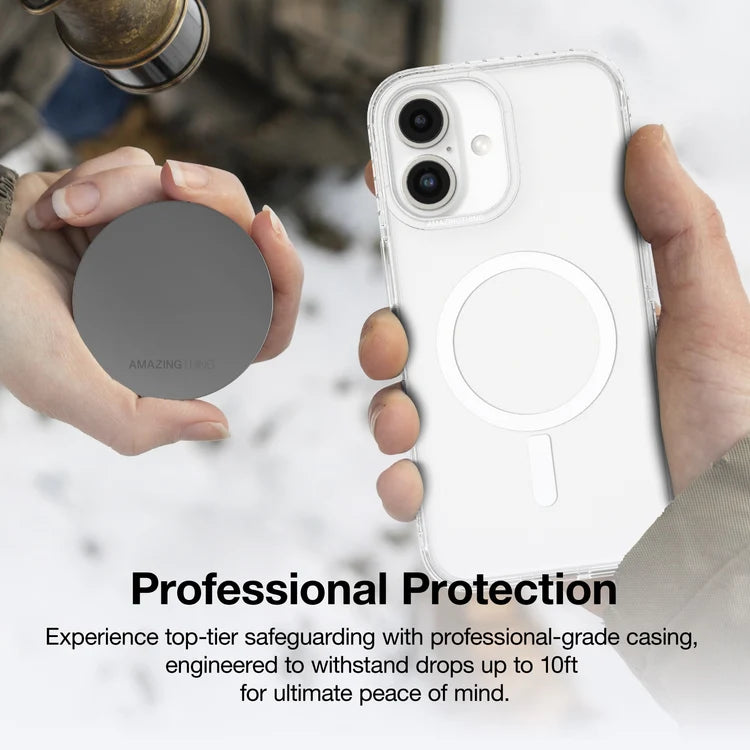 Clear AmazingThing Titan Pro Mag iPhone 16 / 16 Plus case shown, with protective design and magnetic feature for iPhone models.