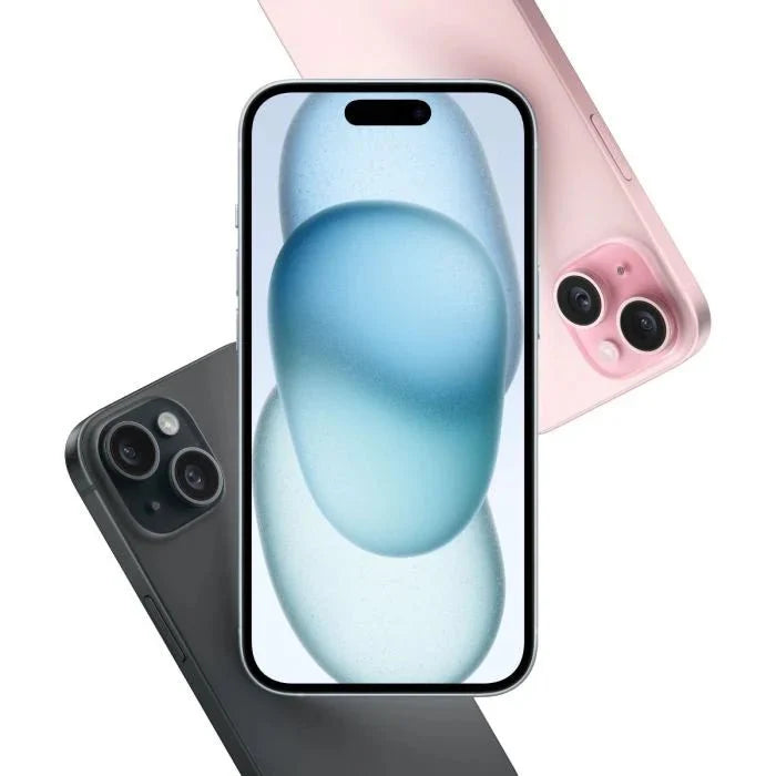 Black Apple iPhone 15 with 128GB storage, sleek design, and edge-to-edge display.