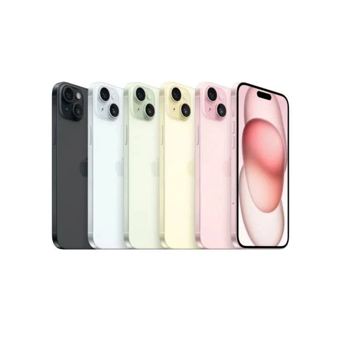 Black Apple iPhone 15 with 128GB storage, showing sleek front display and side buttons.