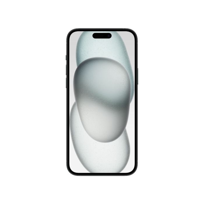 Black Apple iPhone 15 with 128GB storage, sleek design, and dual-camera system, showing the front and back view.