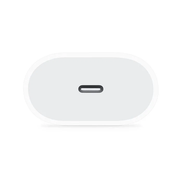 Apple 20W USB-C Power Adapter shown, compact charger with USB-C port for fast charging compatible with Apple devices.