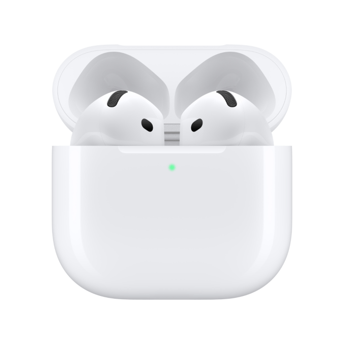 Apple AirPods 4 wireless earbuds with charging case, featuring sleek design and compact size for easy portability.