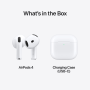 Apple AirPods 4 wireless earbuds with sleek white design and charging case, shown from front view.