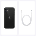 Pre-owned black Apple iPhone 11 with 64GB storage, showing the front screen and sleek design.