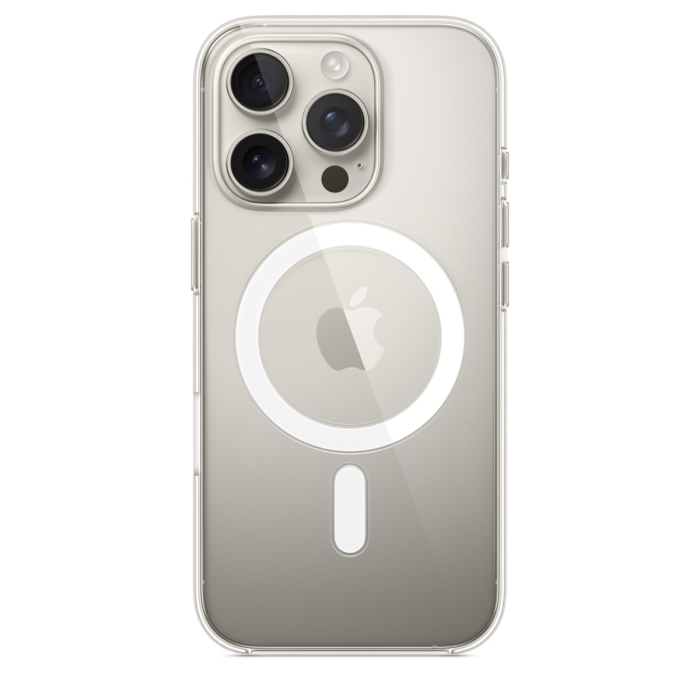 Clear Apple iPhone 16 Pro MagSafe case showing transparent, slim protective cover with precise cutouts for buttons and camera.