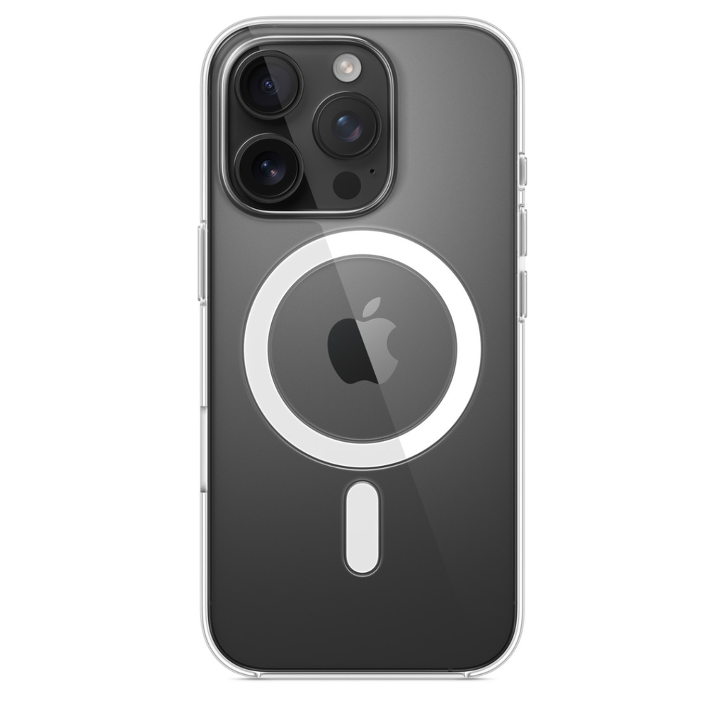 Clear Apple iPhone 16 Pro MagSafe case with precise cutouts and slim design, showcasing the phone's back and MagSafe compatibility.