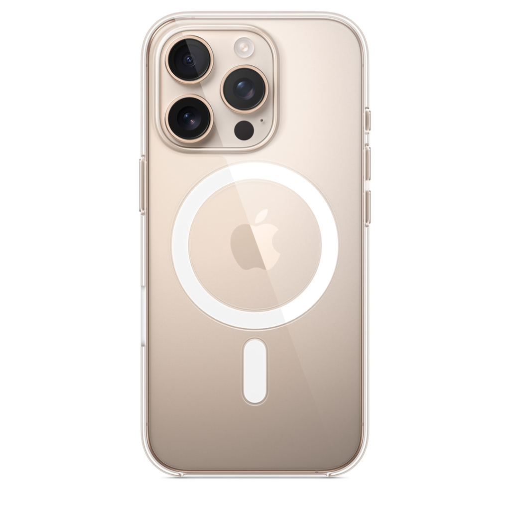 Clear Apple iPhone 16 Pro MagSafe case showing the transparent design and precise cutouts for buttons and camera.