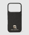 Karl Lagerfeld Ikon Karl textured leather iPhone 16 Pro case showing the stylish design and material texture.