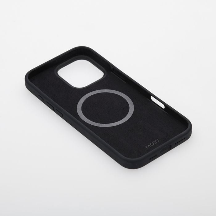 Moov Soft Touch MagSafe case in black for iPhone 16 Pro, featuring a slim, smooth finish and precise cutouts for ports and buttons.