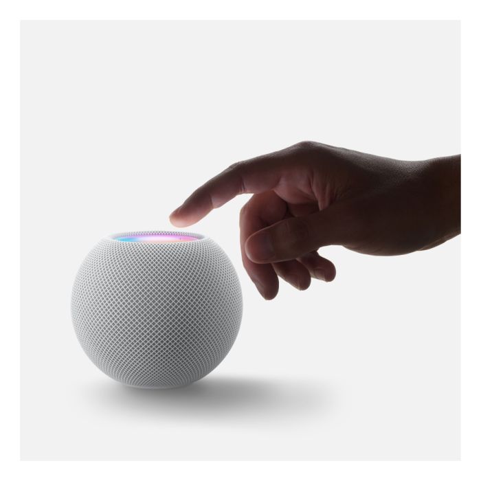 Blue Apple HomePod mini smart speaker by Oraxxi showing the compact speaker with touch controls and fabric exterior.