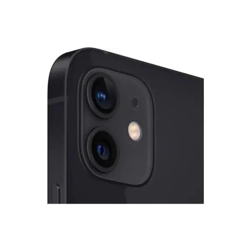 Apple iPhone 12 in black with a sleek design, featuring a large display and dual-camera system, by Oraxxi.