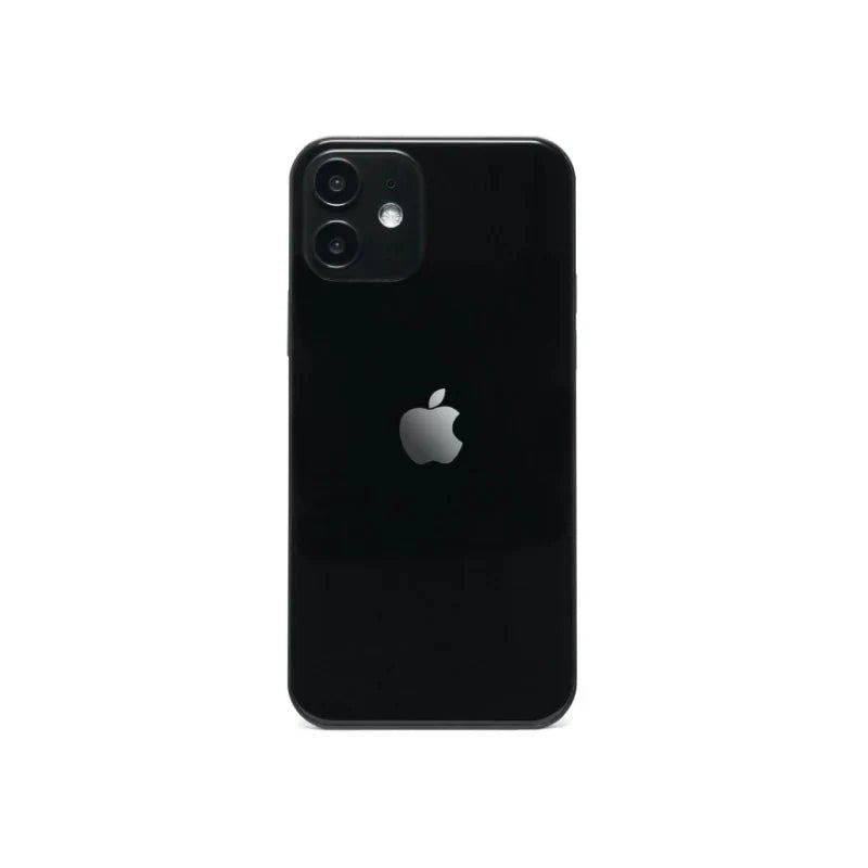 Black Apple iPhone 12 smartphone with dual cameras and edge-to-edge display, branded Oraxxi, shown in a close-up view.