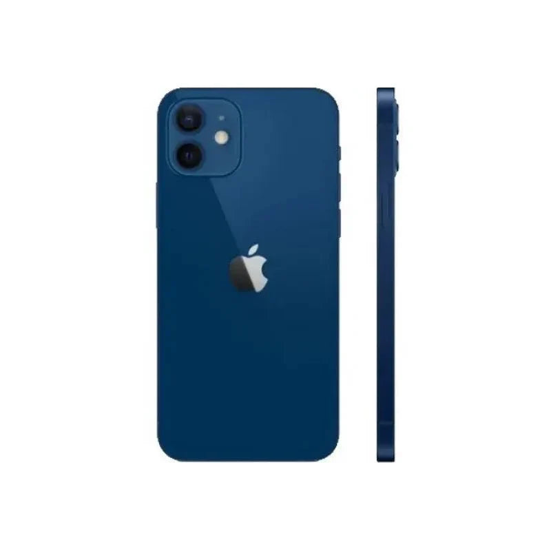 Pre-owned Apple iPhone 12 with 64GB storage in blue, showing the front screen with app icons and sleek design.