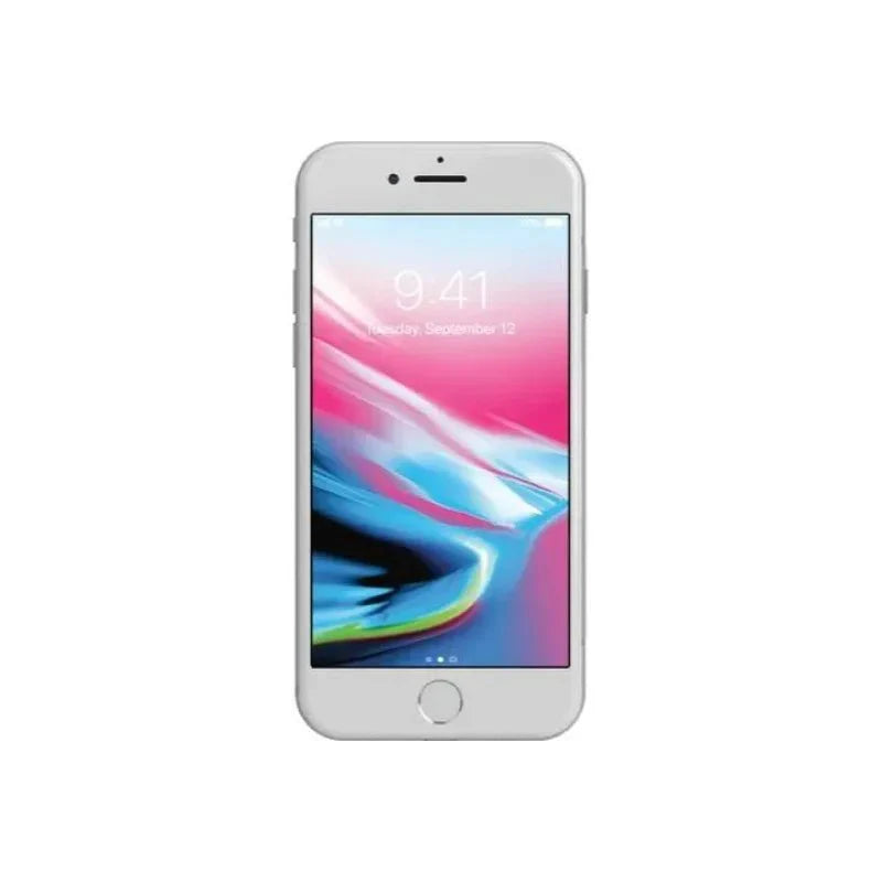 Pre-owned Apple iPhone 8 in silver with 64GB storage, displayed in a natural pose showcasing the device's front and back.