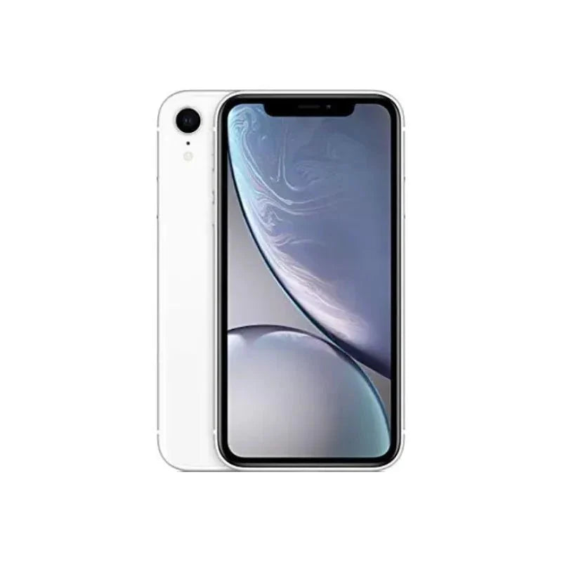 Pre-owned Apple iPhone XR 64GB in white, A grade, with front and back views showcasing the smartphone's design.