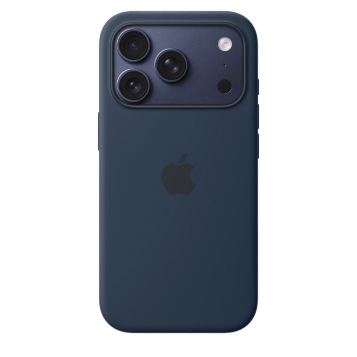 Orange silicone case with MagSafe attached to a midnight iPhone 17 Pro, showing a close-up of the protective cover.