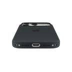 Black Apple silicone case with MagSafe for iPhone 17 Pro, featuring a snug fit and smooth texture.