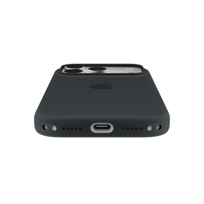 Black Apple silicone case with MagSafe for iPhone 17 Pro, featuring a snug fit and smooth texture.
