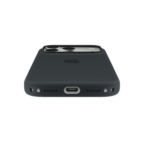 Black Apple silicone case with MagSafe for iPhone 17 Pro, featuring a snug fit and smooth texture.