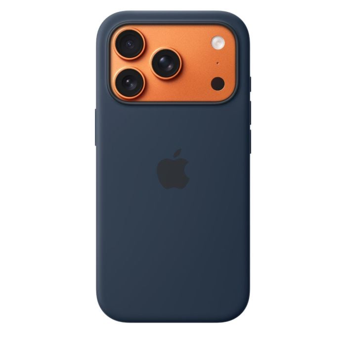 Black Apple Silicone Case with MagSafe for iPhone 17 Pro by Oraxxi, showing the smooth silicone exterior and precise cutouts.