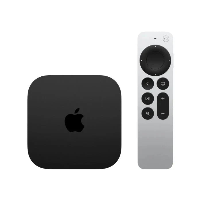 Apple TV 4K 3rd Gen streaming device with Wi-Fi and 64GB storage, displayed on a sleek black background.