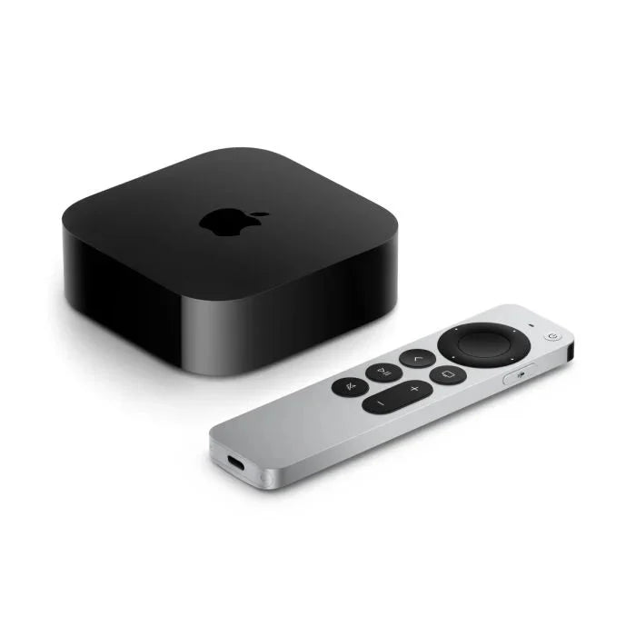 Apple TV 4K 3rd Gen Wi-Fi streaming device with 64GB storage, featuring sleek design and remote control.