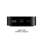 Apple TV 4K 3rd Gen with Wi-Fi and Ethernet, 128GB storage, shown with remote and sleek black design.