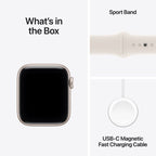 Apple Watch SE 3 with Starlight aluminum case and Starlight Sport Band, showing the sleek smartwatch design and band details.
