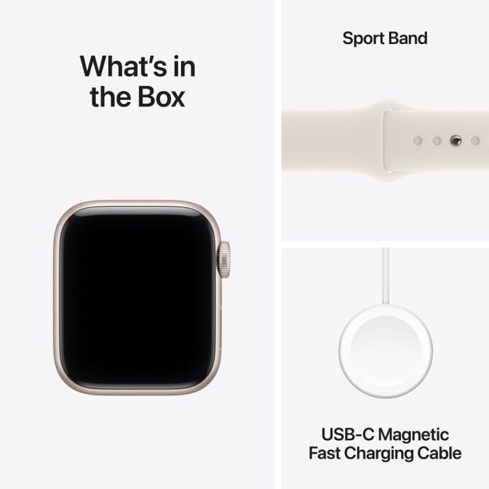 Apple Watch SE 3 with Starlight aluminum case and Starlight Sport Band, showing the sleek smartwatch design and band details.