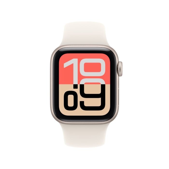 Apple Watch SE 3 with Starlight aluminum case and Starlight Sport Band by Oraxxi, showing the smartwatch on a wrist.