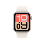 Apple Watch SE 3 with Starlight aluminum case and Starlight Sport Band by Oraxxi, showing the smartwatch on a wrist.