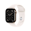 Apple Watch Series 11 with gold titanium case and Light Blush sport band, featuring a sleek digital display and stylish design.