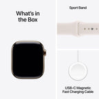 Apple Watch Series 11 with gold titanium case and light blush sport band, displayed on a white background.