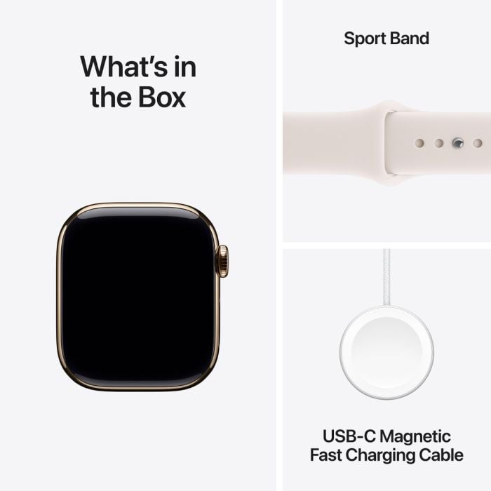 Apple Watch Series 11 with gold titanium case and light blush sport band, displayed on a white background.