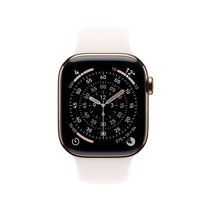 Apple Watch Series 11 with gold titanium case and light blush sport band, showcasing the sleek smartwatch design.