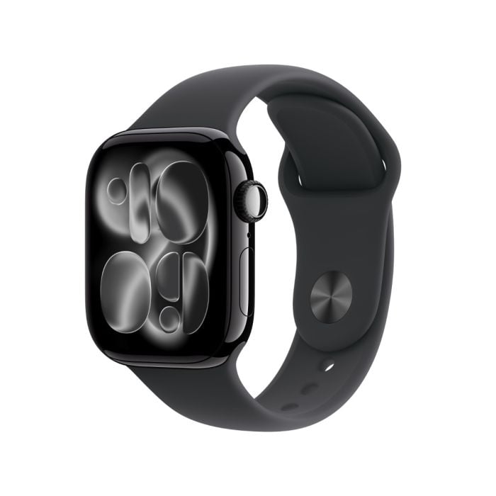 Apple Watch Series 11 with jet black aluminum case and black sport band, displayed on a white background.
