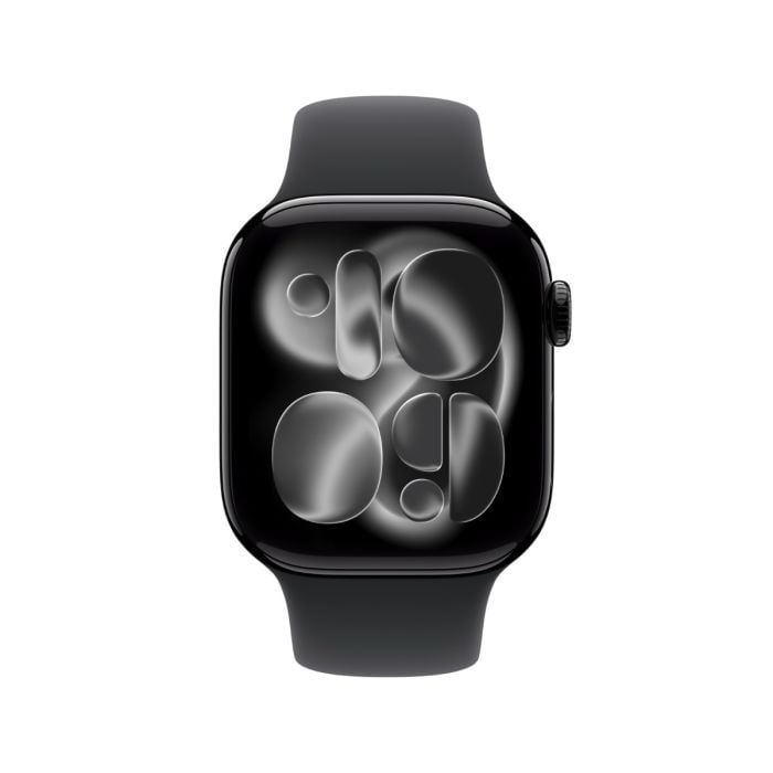 Apple Watch Series 11 with jet black aluminum case and black sport band, displayed on a plain background.