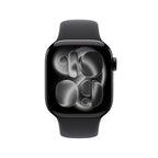 Apple Watch Series 11 with jet black aluminum case and black sport band, displayed on a plain background.