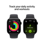 Apple Watch Series 11 with jet black aluminum case and black sport band, displayed on a plain background.