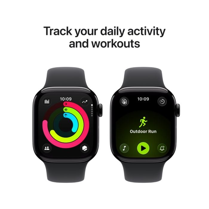 Apple Watch Series 11 with jet black aluminum case and black sport band, displayed on a plain background.